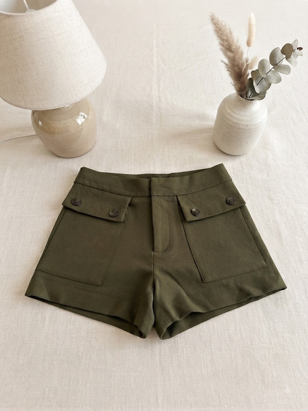 Etam Paris Army  Green High-Rise Utility Bermuda Shorts